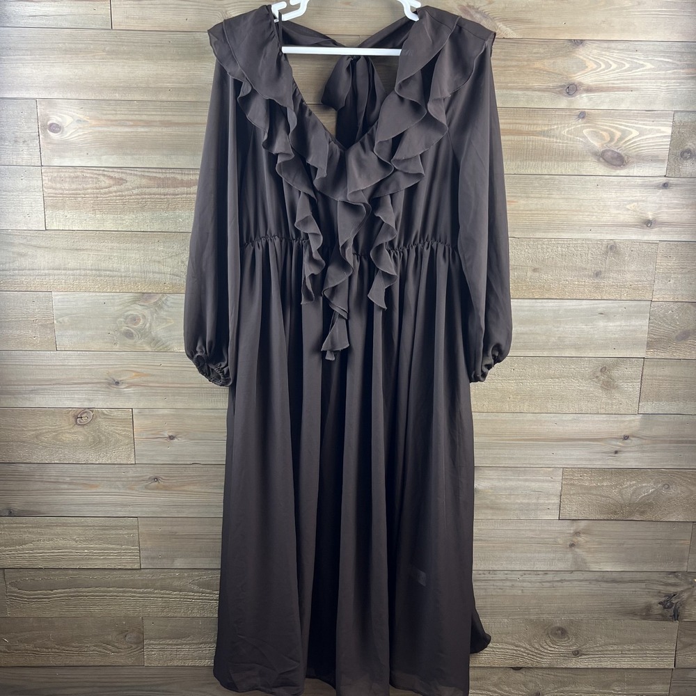 Eloquii Womens Dress Maxi Long Sleeve Cascade Ruffle Vneck Brown Size 16